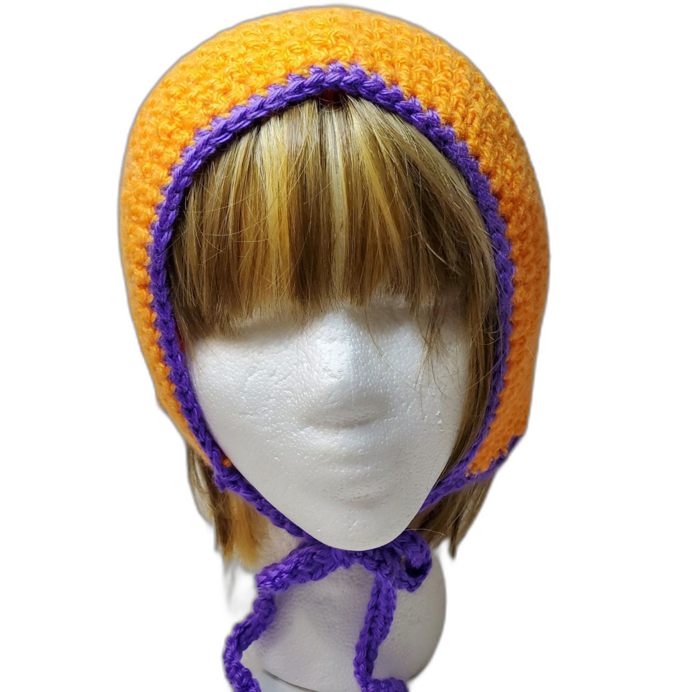 Hand Crochet Orange and Purple Bonnet for Picking Pumpkins for Women